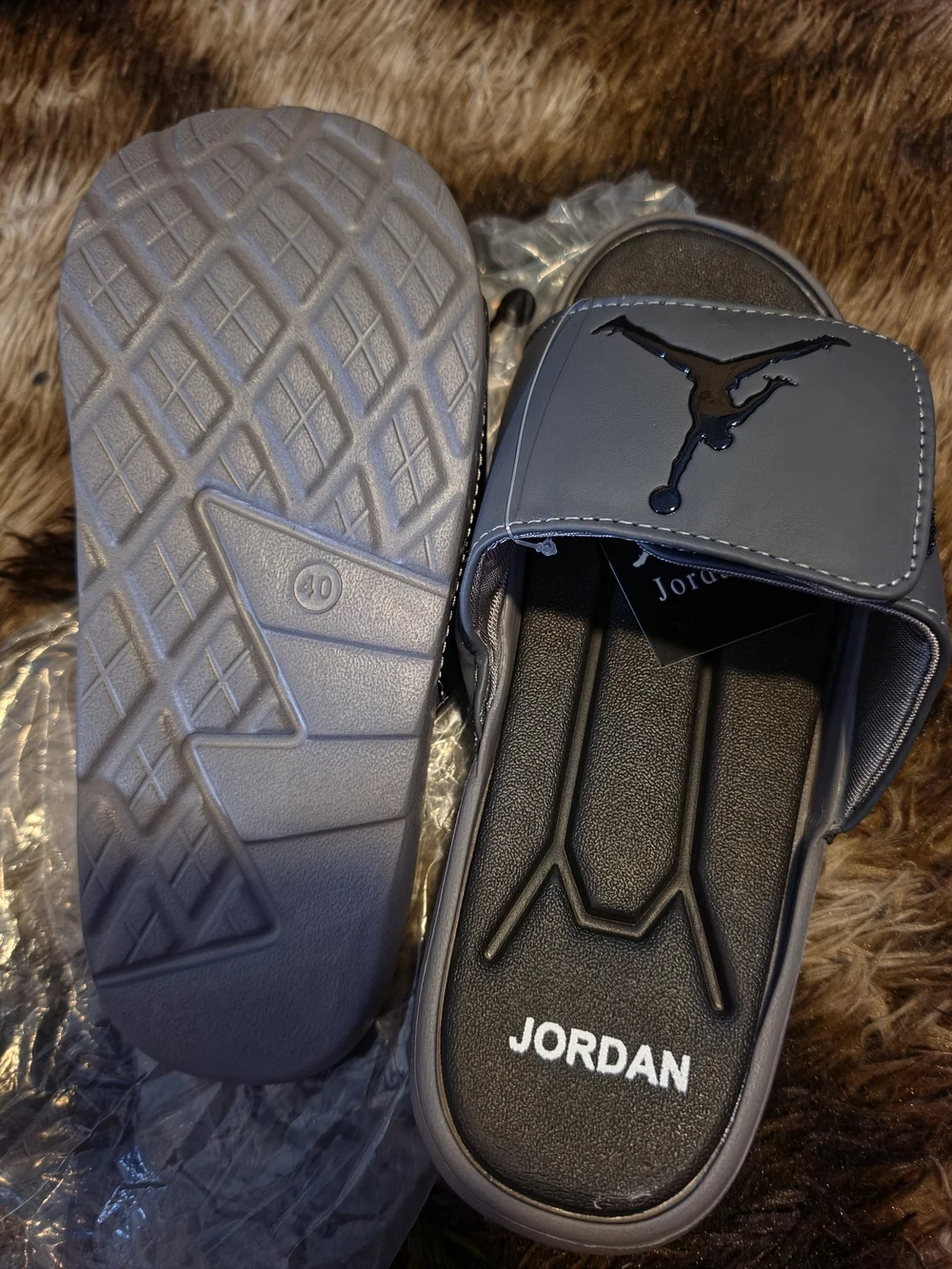 Jordan Men's Gray and Black Slide Sandals with Glossy Jumpman